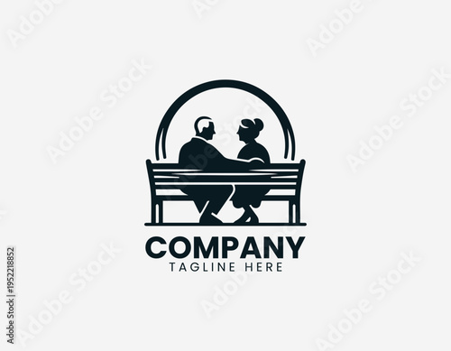 Elderly couple sitting on park bench black vector logo illustration isolated on white background