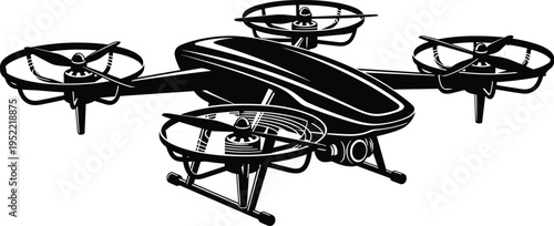 "Black and white vector illustration of quadcopter drone with four rotors, protective guards, landing gear, and front-mounted camera designed for aerial photography, , surveillance, and modern 