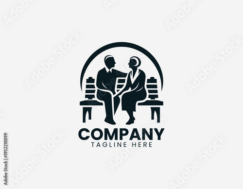 Elderly couple sitting on park bench black vector logo illustration isolated on white background