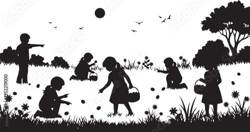 Black Silhouette Children Easter Egg Hunt Activity Vector Illustration