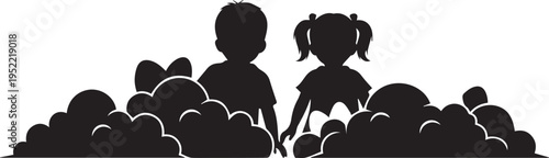 Children Silhouettes with Colorful Easter Eggs Vector Illustration