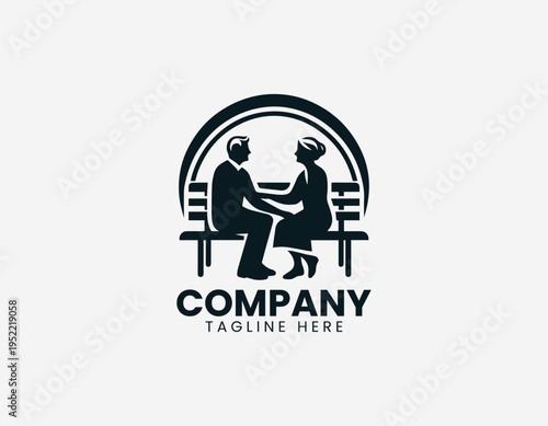 Elderly couple sitting on park bench black vector logo illustration isolated on white background