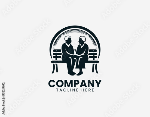 Elderly couple sitting on park bench black vector logo illustration isolated on white background