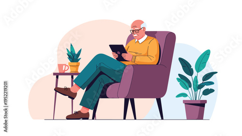 Elderly man wearing glasses relaxes in a comfortable armchair while reading news or books on a digital tablet at home.