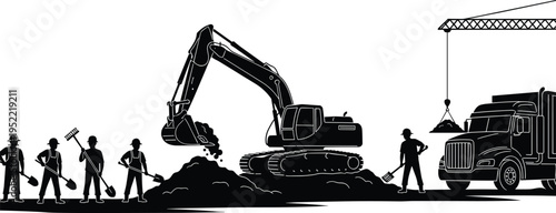 construction site workers silhouette excavator crane truck building industry equipment labor team black vector illustration isolated engineering concept