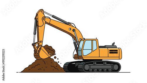 Heavy industrial excavator machine digging a pile of brown soil at a construction site against a plain white background.