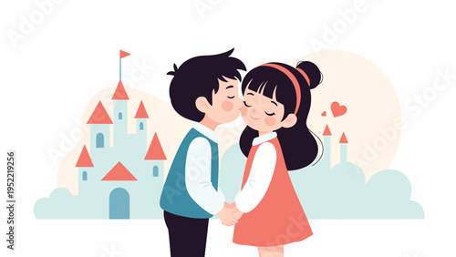 Sweet young boy kissing a girl on the cheek while standing in front of a magical blue castle under a soft pink sky.