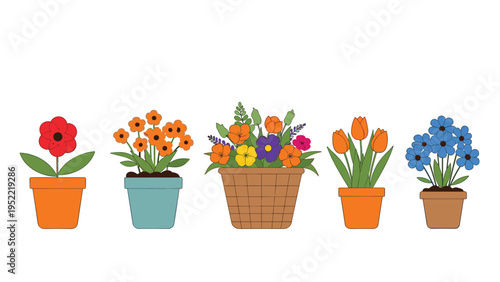 Diverse collection of colorful spring flowers planted in various decorative clay pots and woven baskets in a row.