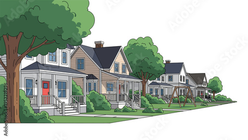 Peaceful suburban street lined with cozy residential houses and green trees under a bright clear sky during daytime.