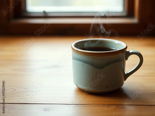A single, chipped ceramic mug filled with lukewarm coffee, steam whispering forgotten thoughts onto the softly blurred background ,  detail,  coffee