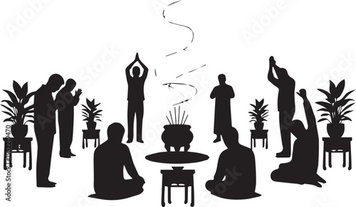 People Praying Silhouette Vector Illustration for Spiritual Ceremony