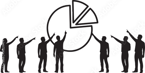 Business people silhouettes pointing at pie chart data analysis vector illustration