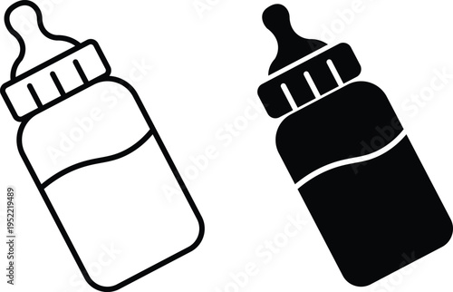 Two baby bottles, one in outline and one solid black, both containing liquid.
