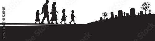 Family Walking Silhouette Illustration Near Graveyard Vector
