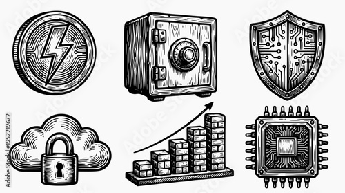 Vintage Hand-Drawn Fintech and Cybersecurity Set with Blockchain Coin and Shield