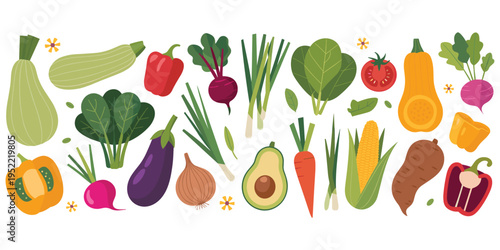 Assorted Fresh Vegetables and Fruits Arranged in a Horizontal Pattern Keywords: vegetables, fruits, food, healthy eating
