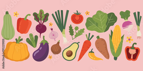 Assorted Fresh Vegetables and Fruits on a Pink Background Keywords: vegetables, fruits, food, healthy eating, organic, fresh