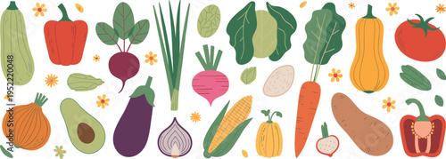 Assorted Fresh Vegetables and Fruits with Small Flowers on White Background Keywords: vegetables, fruits, food, healthy eating