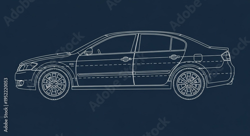 Modern Sedan Car Blueprint Wireframe Design.