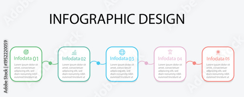 Business infographic labels design with arrow and marketing icons. Timeline processes with 5 options, steps or parts.Infographic design template vector . 