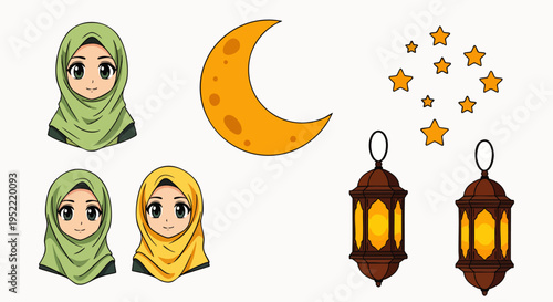 Cute cartoon Muslim girls wearing hijabs with crescent moon, stars, and traditional lanterns, perfect vector illustration for Ramadan and Eid celebrations.