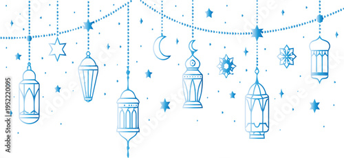 A collection of hanging light bulbs and fixtures in a blue line drawing style