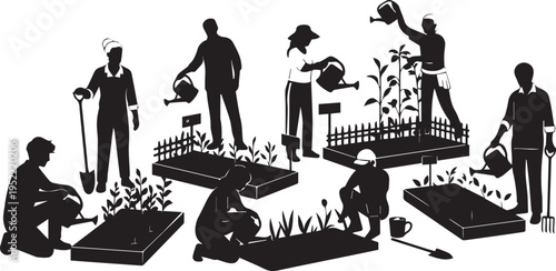 People Gardening Silhouette Vector Illustration Set for Hobby and Leisure