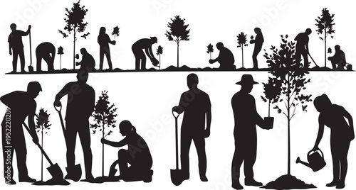 People Planting Trees Silhouette Vector Illustration Set for Reforestation