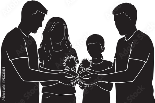 Family Silhouette Holding Virus Particles Social Issue Vector Illustration