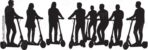 Group of people riding electric scooters silhouette vector illustration set
