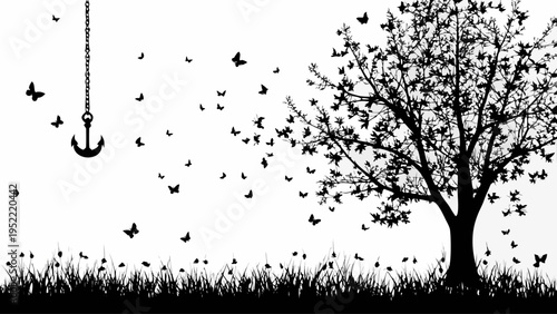 A minimalist vector graphic illustration of a tree silhouette with butterflies and an anchor hook flying away