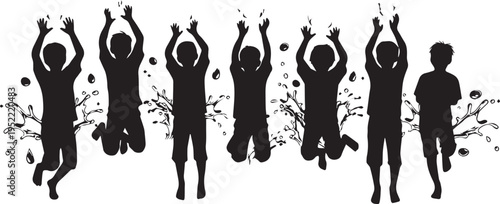 Joyful Children Silhouettes Jumping in Water Splashes Vector Illustration