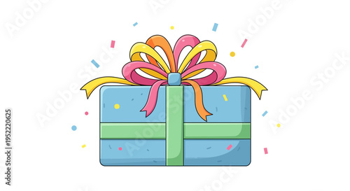 Blue Gift Box with Colorful Ribbon and Confetti - Celebration Surprise
