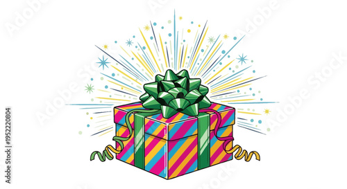 Colorful Gift Box with Green Bow and Festive Confetti Burst