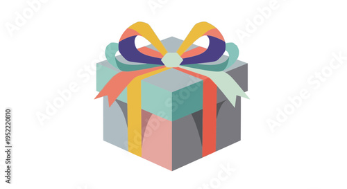 Colorful Gift Box with Ribbon and Bow, Isometric View, Isolated on White