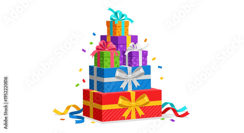 Colorful Gift Boxes Stacked High with Confetti and Ribbons