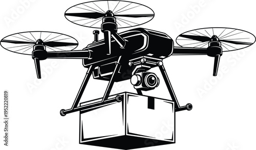 "Black and white vector illustration of quadcopter drone with four rotors carrying rectangular package, featuring mounted camera and landing gear for aerial delivery, surveillance, logistics, 