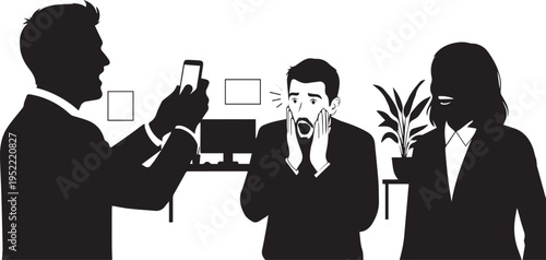 Workplace harassment illustration with shocked man and phone recording vector