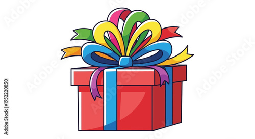 Colorful Ribbon Wrapped Red Gift Box, Celebration Surprise Present