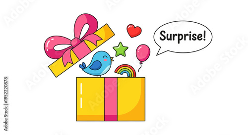 Cute Blue Bird Surprised in Open Gift Box with Rainbow, Stars, Heart, Balloon