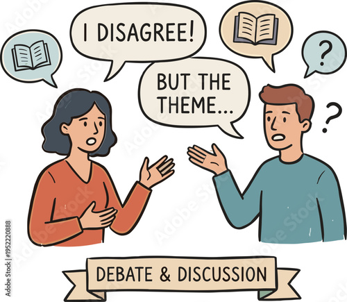Two people engaged in a debate discussion with speech bubbles and questioning expressions