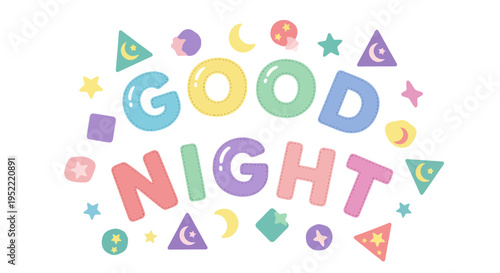 Cute Good Night Text with Stars and Moon Shapes, Pastel Colors