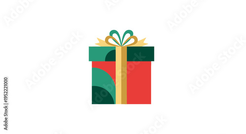 Festive Gift Box with Ribbon and Bow, Flat Design, Isolated on White