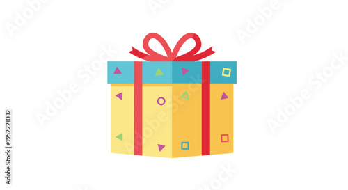 Festive Gift Box with Red Ribbon and Colorful Geometric Patterns