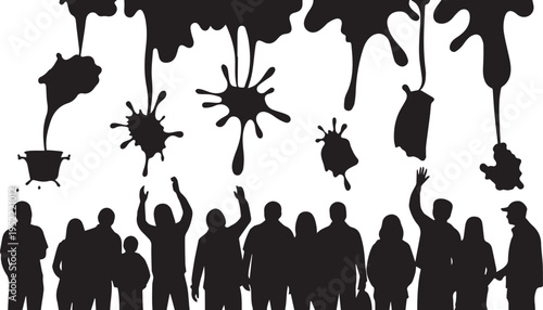 Abstract graphic of people silhouettes and paint splashes vector illustration