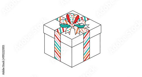 Festive Gift Box with Ribbon and Bow, Isometric View