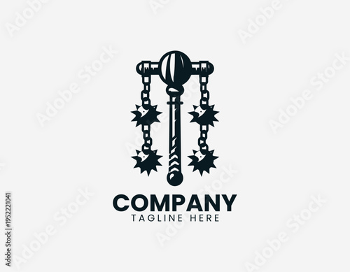 Medieval flail weapon with spiked ball chain in clean modern historical warrior vector illustration style