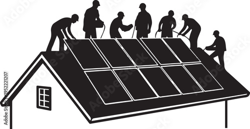 Solar Panel Installation Team Silhouette Vector Illustration