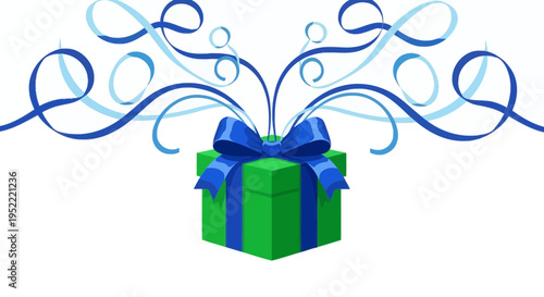 Green Gift Box with Blue Ribbon and Swirling Ribbons, Isolated on White
