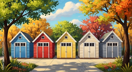 Wallpaper Mural Vibrant beach huts in autumnal setting Torontodigital.ca